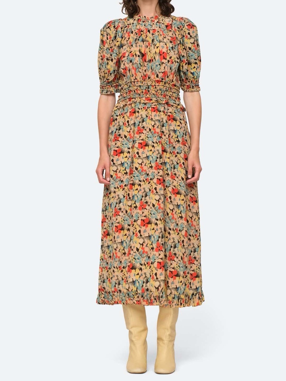 Sea New York Ensley Puff Sleeve Multi 100% silk floral dress Sz XXS / XS
